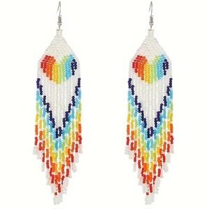 Rainbow Heart Boho Seed Bead Fringe Earrings